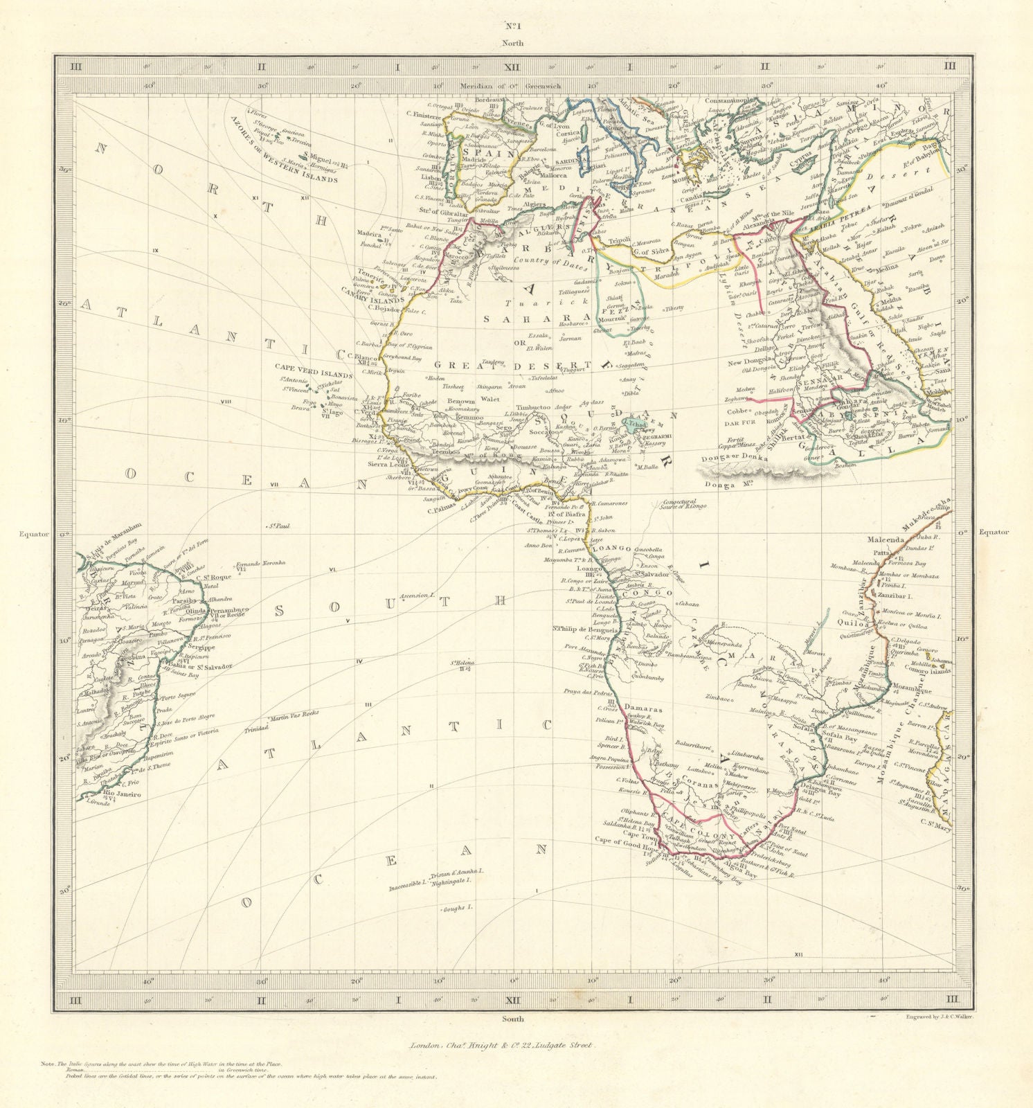AFRICA South Europe Brazil Gnomonic Projection. Mountains of Kong. SDUK 1846 map